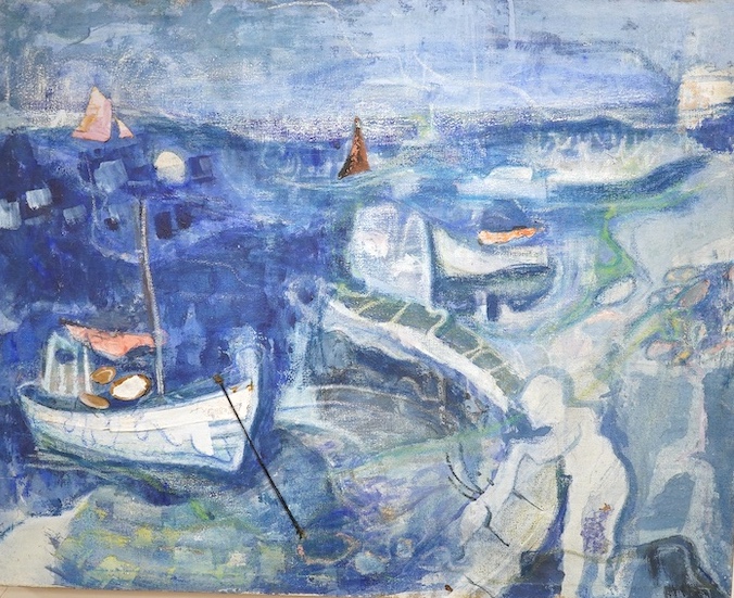 M. Audoine, oil and collage on canvas, Surreal seascape with boats, unsigned, 61 x 76cm, unframed. Condition - fair, some paint loss and scuffs